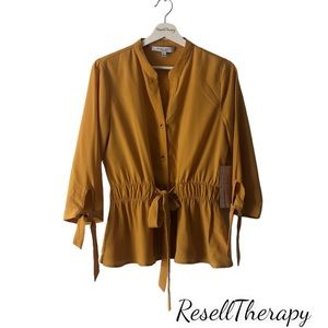 SWEET RAIN Mustard Yellow Button Down Tie Sleeve Size-Small